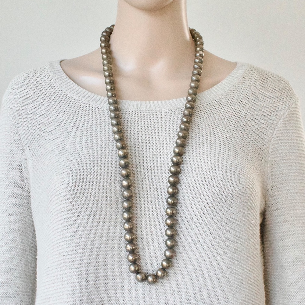 Vintage Silver Tone Ball Bead Necklace 35” Extra Long Beaded Strand
